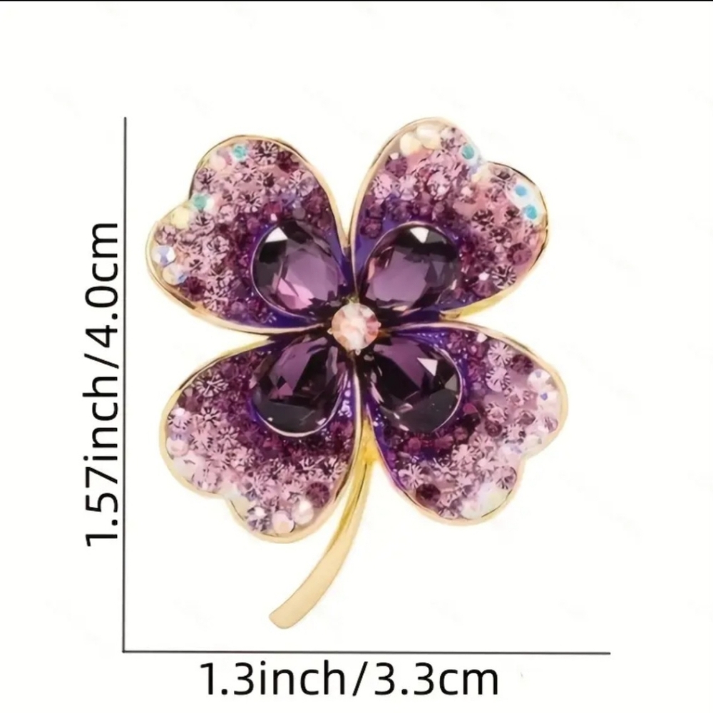 Four Leaf Clover Green Rhinestone Brooch - Picture 3 of 4